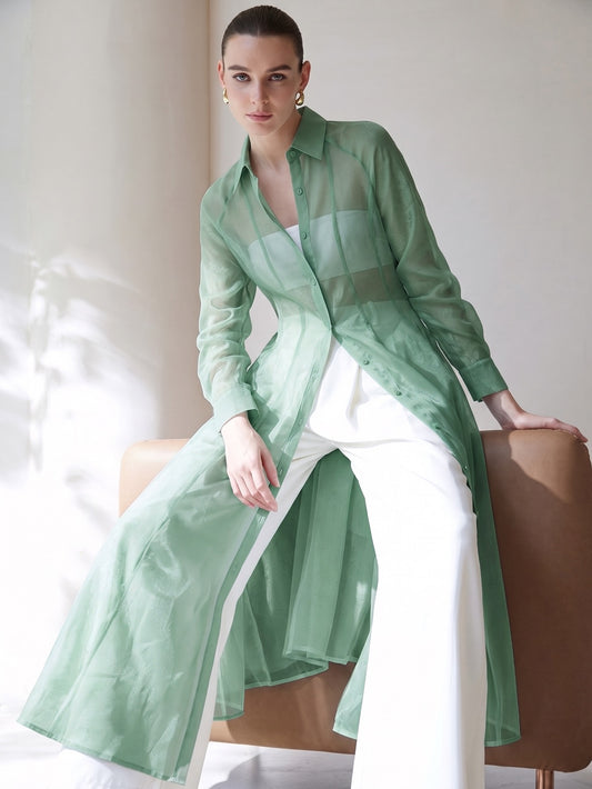 CM-TS001746 Women Casual Seoul Style Translucent Textured V-Neck Long Sleeve Gathered Waist Shirtdress - Mint Green