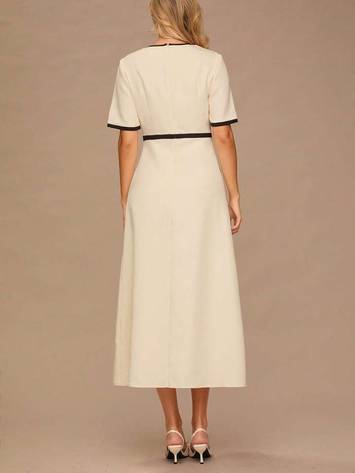 CM-DS063033 Women Elegant Seoul Style Bow Decor Round Neck Short Sleeve Long Dress - Apricot