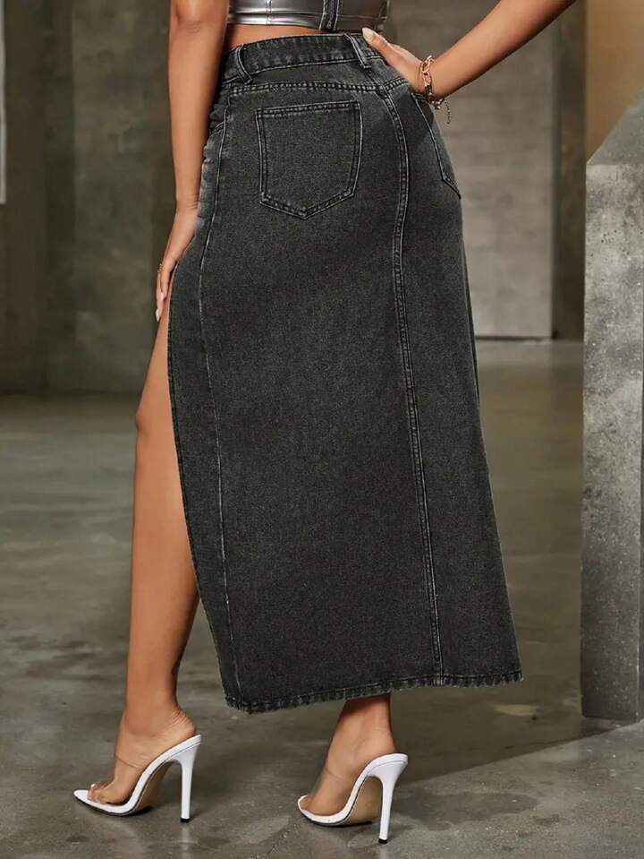 CM-BS713649 Women Casual Seoul Style Solid Color Split Thigh Denim Skirt - Black