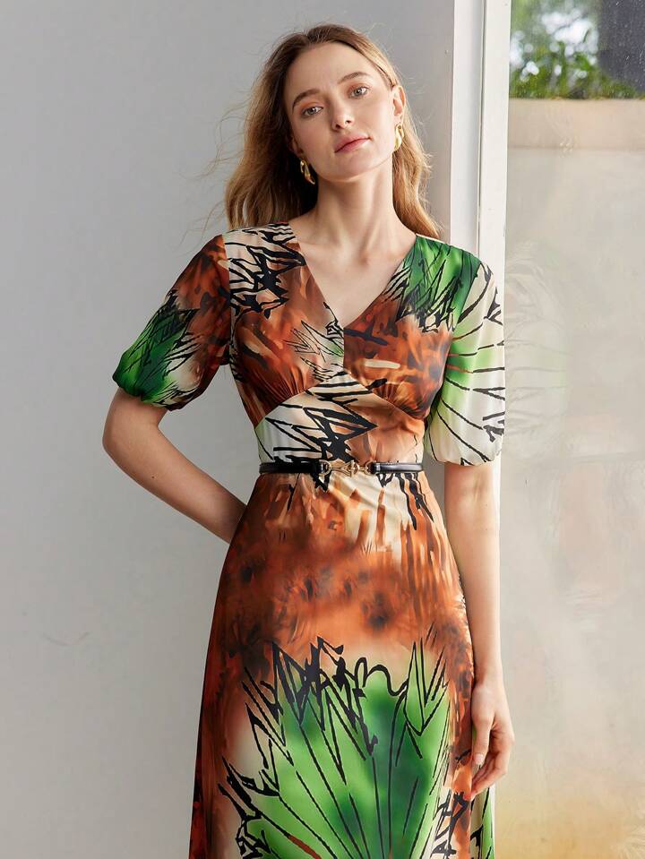 CM-DS293333 Women Elegant Seoul Style Tie-Dye Printed V-Neck Short Puff Sleeve Maxi Dress