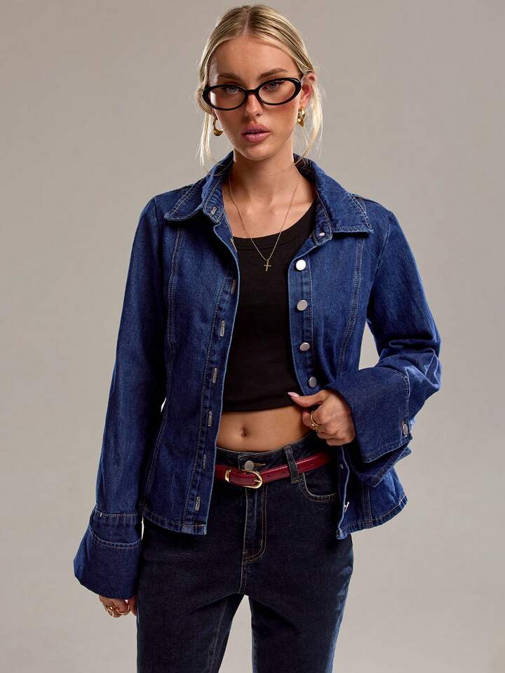 CM-CS618251 Women Casual Seoul Style Collar Neckline Single Breasted Long Sleeve Denim Jacket - Blue
