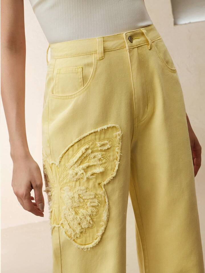CM-BS227651 Women Casual Seoul Style Mid Waist Embroidered Straight Leg Jeans - Yellow