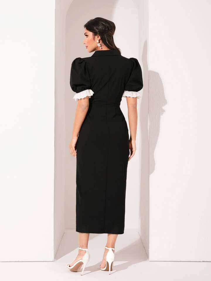 CM-DS031336 Women Elegant Seoul Style Lace Patchwork Double-Breasted Puff Sleeve Dress - Black