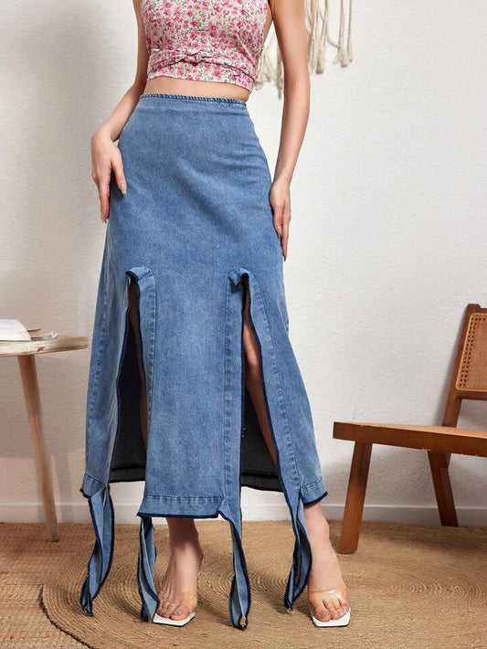 CM-BS811811 Women Trendy Bohemian Style Medium Wash Double Slit Hem Denim Skirt