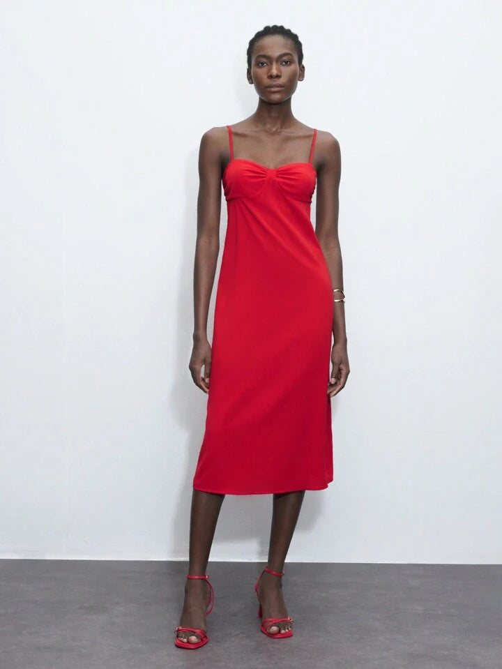 CM-DS827997 Women Casual Seoul Style Solid Color Spaghetti Strap Sleeveless Midi Dress - Red