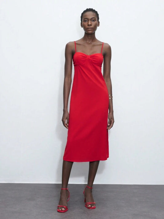 CM-DS827997 Women Casual Seoul Style Solid Color Spaghetti Strap Sleeveless Midi Dress - Red