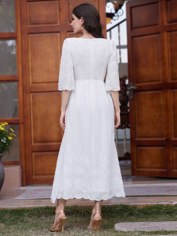 CM-DS576511 Women Trendy Bohemian Style Square Neck Embroidered 3/4 Sleeve Maxi Dress - White