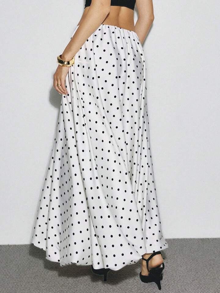 CM-BS787129 Women Elegant Seoul Style Polka Dot Print Satin Pleated Bubble Long A-Line Skirt - White
