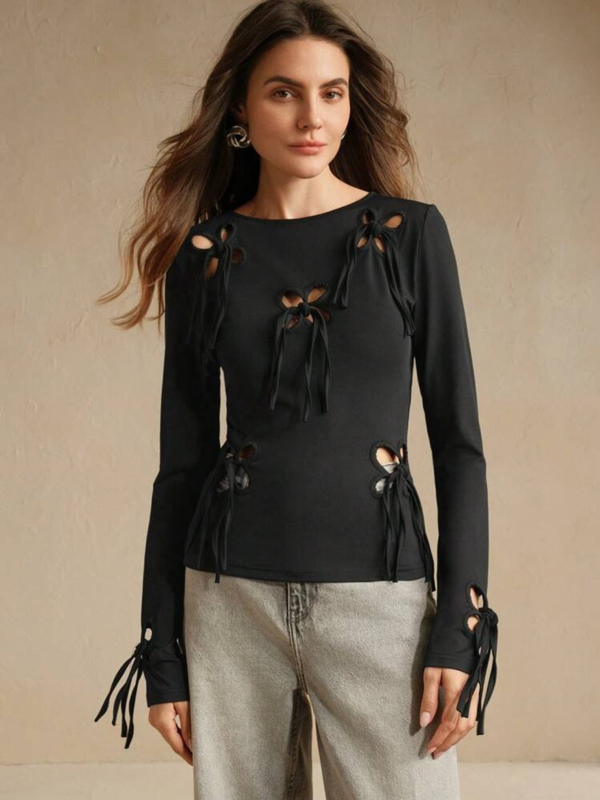 CM-TS190703 Women Casual Seoul Style Elastic Hollow Out Twist Long Sleeve T-Shirt - Black