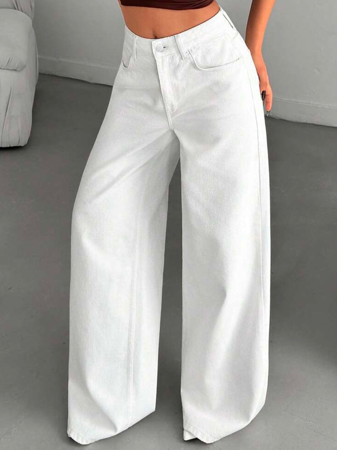 CM-BS264848 Women Casual Seoul Style High-Waisted Wide-Leg Denim Jeans - White