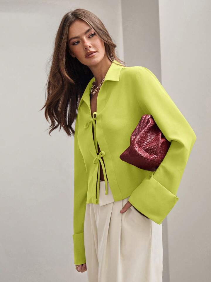 CM-TS814811 Women Trendy Bohemian Style Shirt Collar Front Tie Long Sleeve Shirt - Green