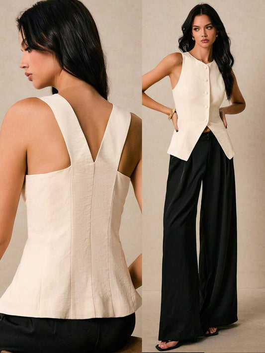 CM-TS066292 Women Elegant Seoul Style Solid Color Round Neck Button Down Sleeveless Asymmetrical Shirt - Apricot