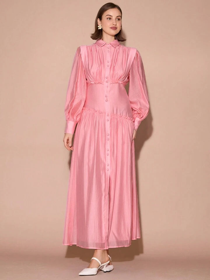 CM-DS410178 Women Elegant Seoul Style Collar Neckline Front Button Lantern Long Sleeve Gathered Maxi Dress