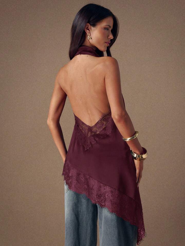 CM-TS449930 Women Elegant Seoul Style Lace Satin Patchwork Sleeveless Trim Backless Camisole Top - Maroon