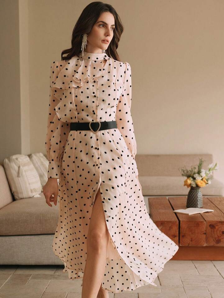CM-DS288841 Women Elegant Seoul Style Long Sleeve Polka Dot Mock Neck A-Line Dress With Cinched Waist