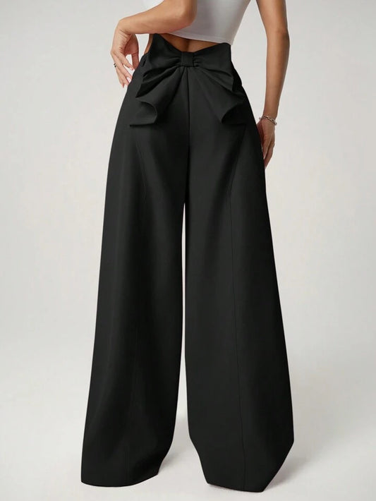 CM-BS791595 Women Casual Seoul Style Oversized Bow Back Design Loose Fit Extra Long Pants - Black