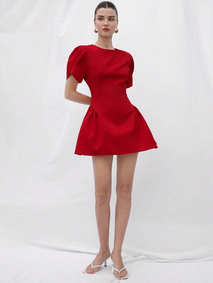 CM-DS891979 Women Elegant Seoul Style Tulip Print Puff Spliced Hem Round Neck Short Sleeve Dress - Red