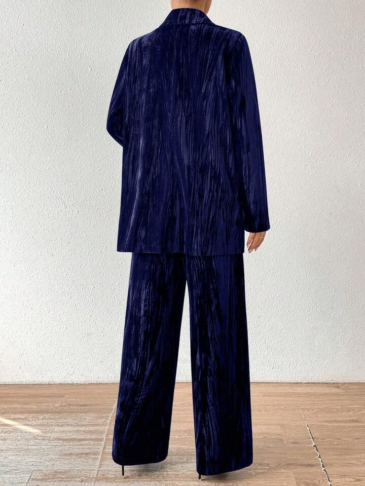 CM-SS141161 Women Elegant Seoul Style Stand Collar Long Sleeve Velvet Jacket With Straight Leg Pants Suit - Navy Blue