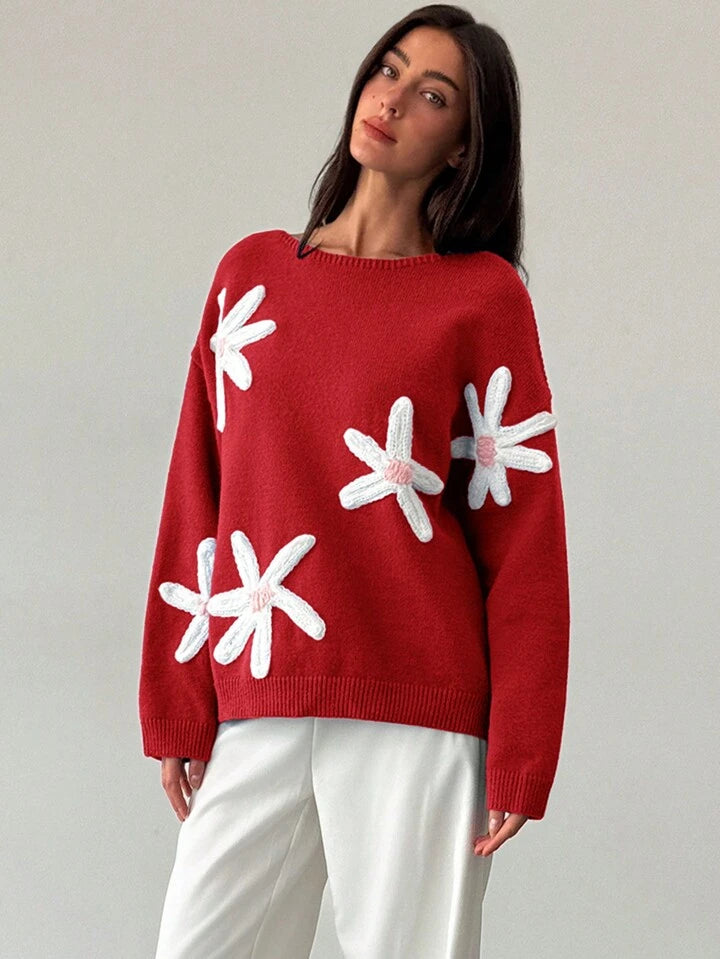 CM-CS900110 Women Casual Seoul Style 3D Floral Decoration Loose Fit Long Sleeve Sweater - Red