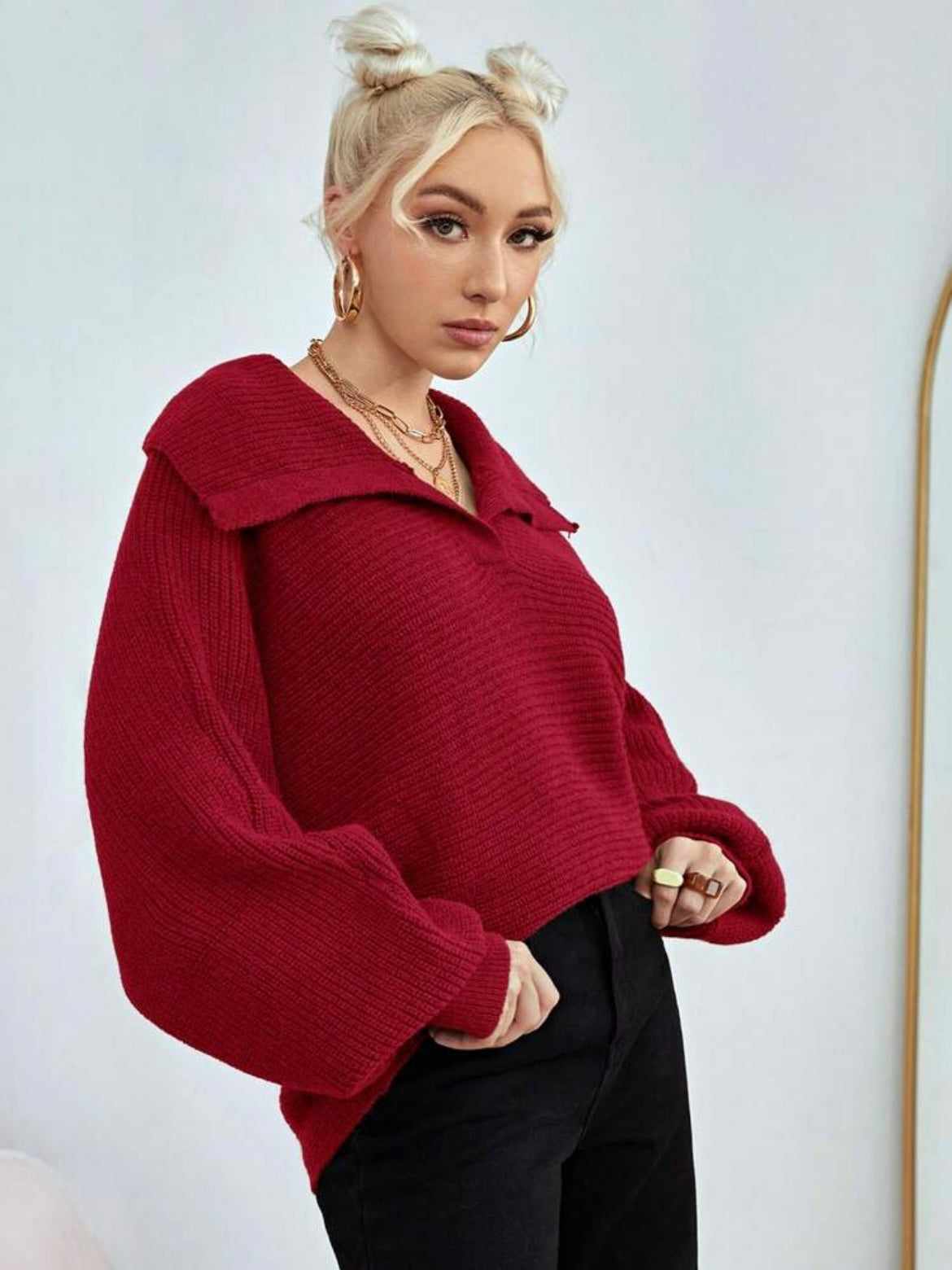 CM-CS285837 Women Casual Seoul Style Loose Fold Collared Bishop Sleeve Sweater - Red