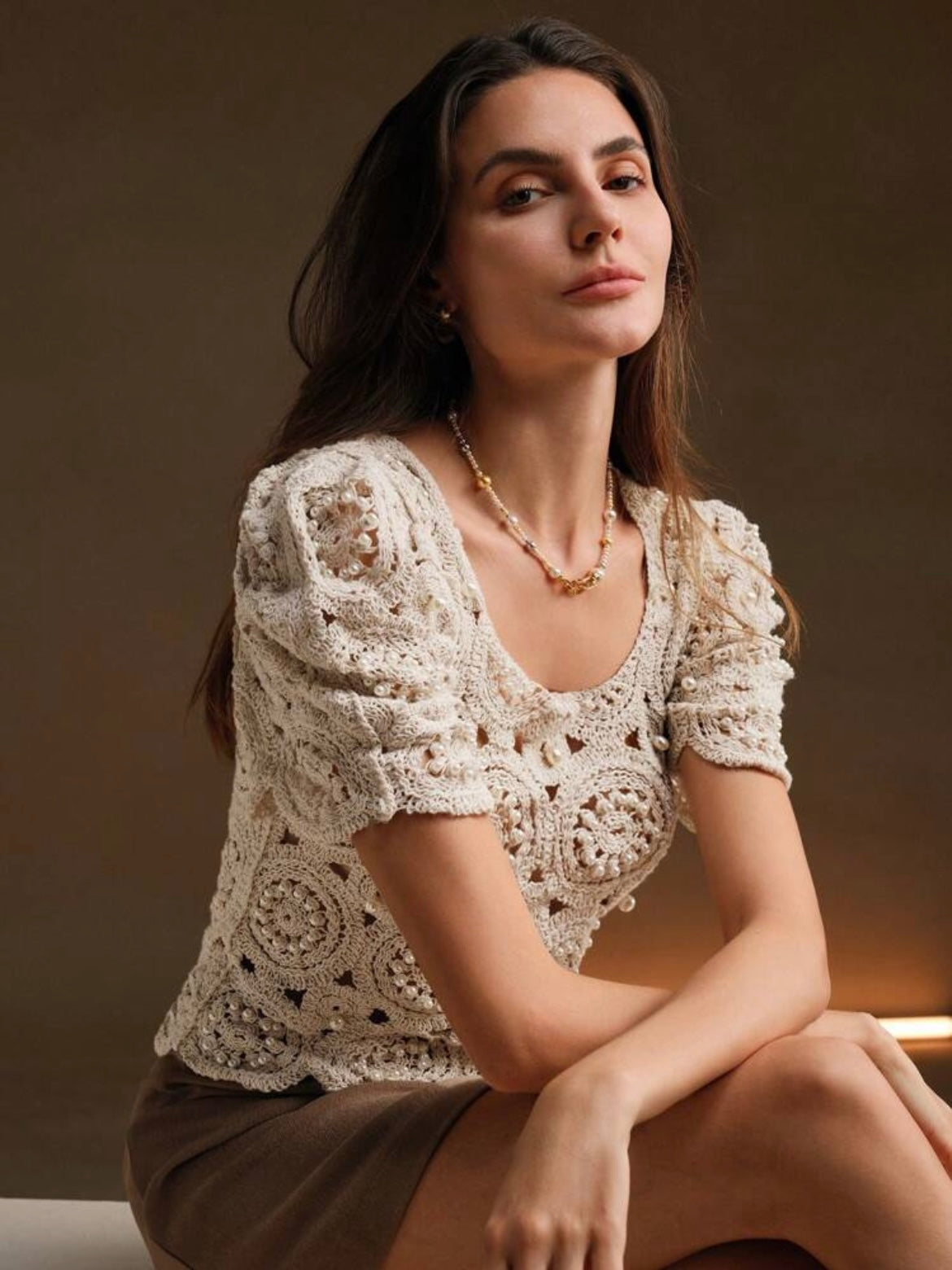 CM-TS880790 Women Casual Seoul Style Crochet Hollow-Out Balloon Sleeve Beaded T-Shirt - Apricot