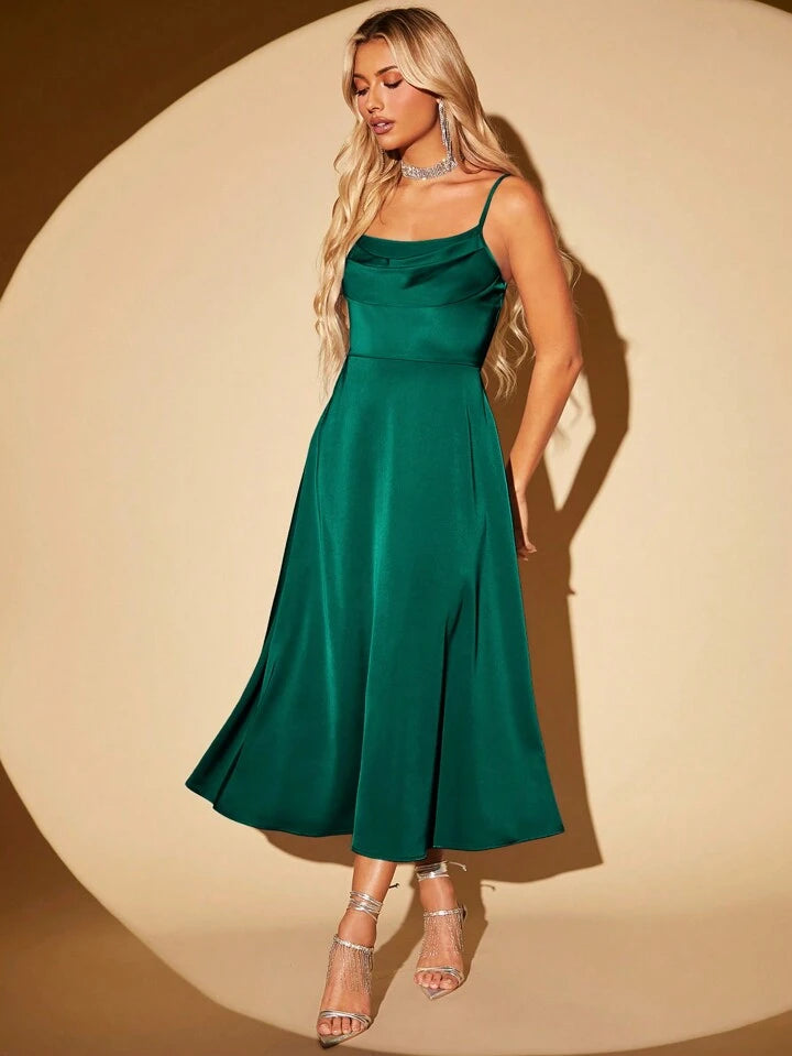 CM-DS283031 Women Elegant Seoul Style Draped Collar Zip Back Cami Dress - Dark Green