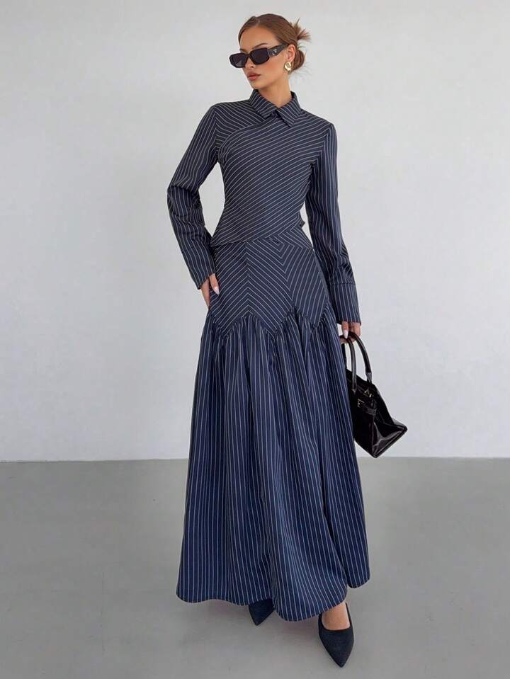 CM-SS688596 Women Elegant Seoul Style Striped Collar Neckline Long Sleeve Shirt With Pleated Maxi Skirt - Set
