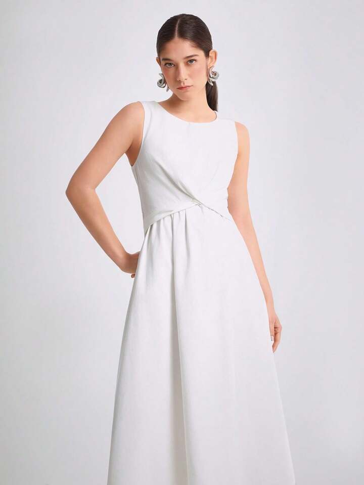 CM-DS931041 Women Casual Seoul Style Round Neck Sleeveless High Waist Loose Denim Dress - White