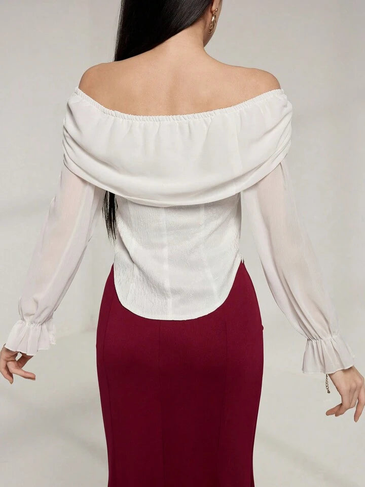 CM-TS677372 Women Elegant Seoul Style Off the Shoulder Flare Sleeve Chiffon Shirt - White