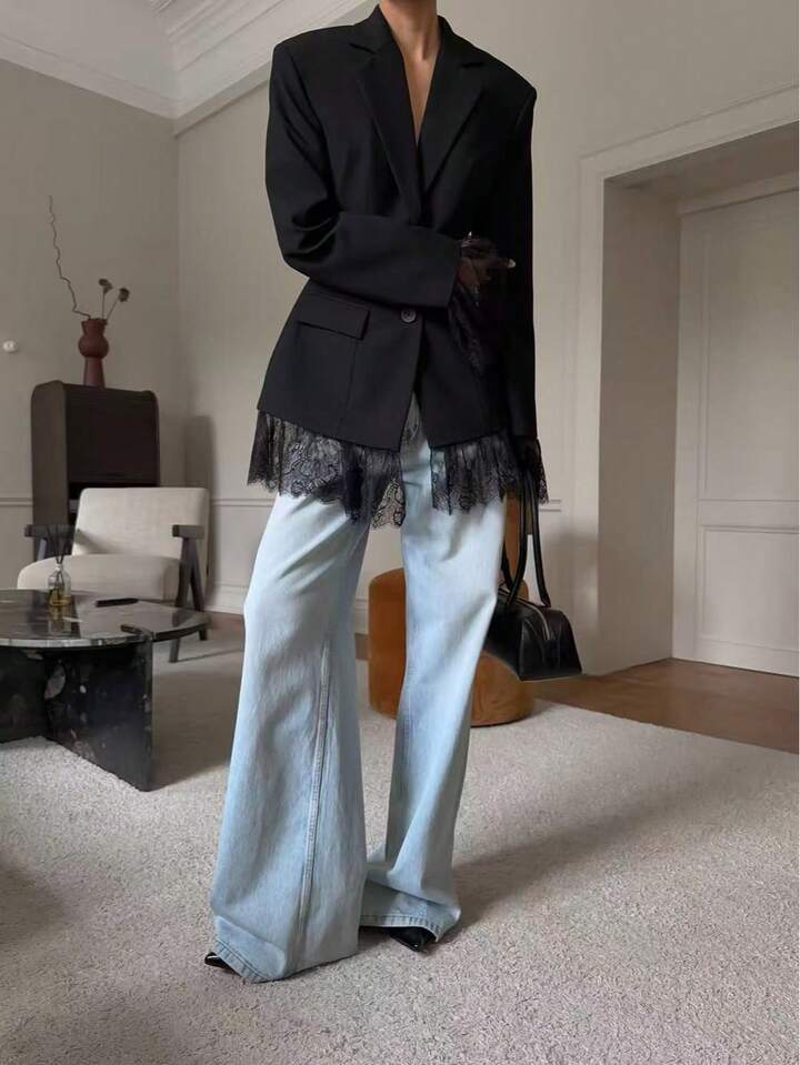 CM-CS055860 Women Elegant Seoul Style Solid Color Pocket Lace Patchwork Button Waist Blazer Jacket - Black