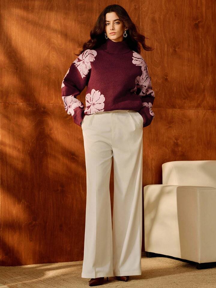 CM-CS981423 Women Casual Seoul Style Stand Collar Long Sleeve Floral Rhinestone Embellished Sweater