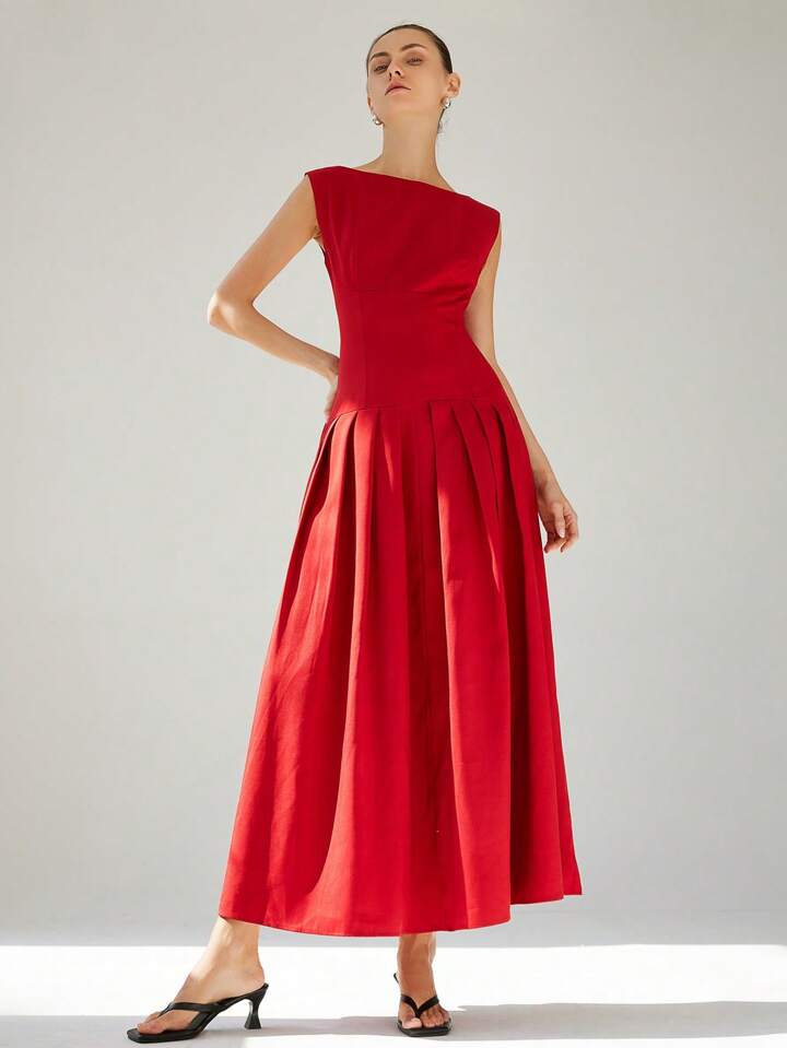 CM-DS552576 Women Elegant Seoul Style Sleeveless Cinched Waist Low Waist Pleated Ruffle Hem Long Dress - Red