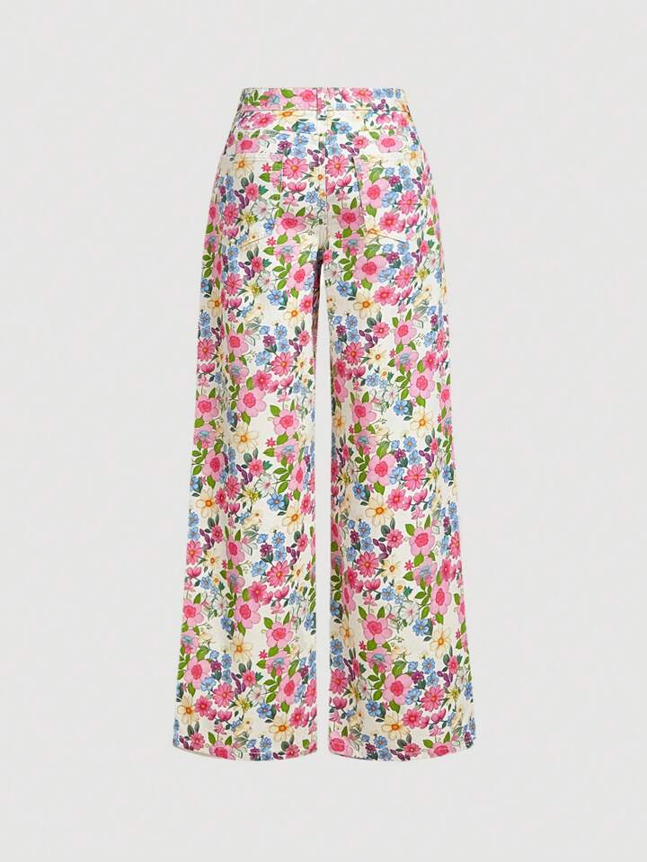 CM-BS267730 Women Casual Seoul Style Light Wash Floral Print Elastic Waist Wide Leg Jeans
