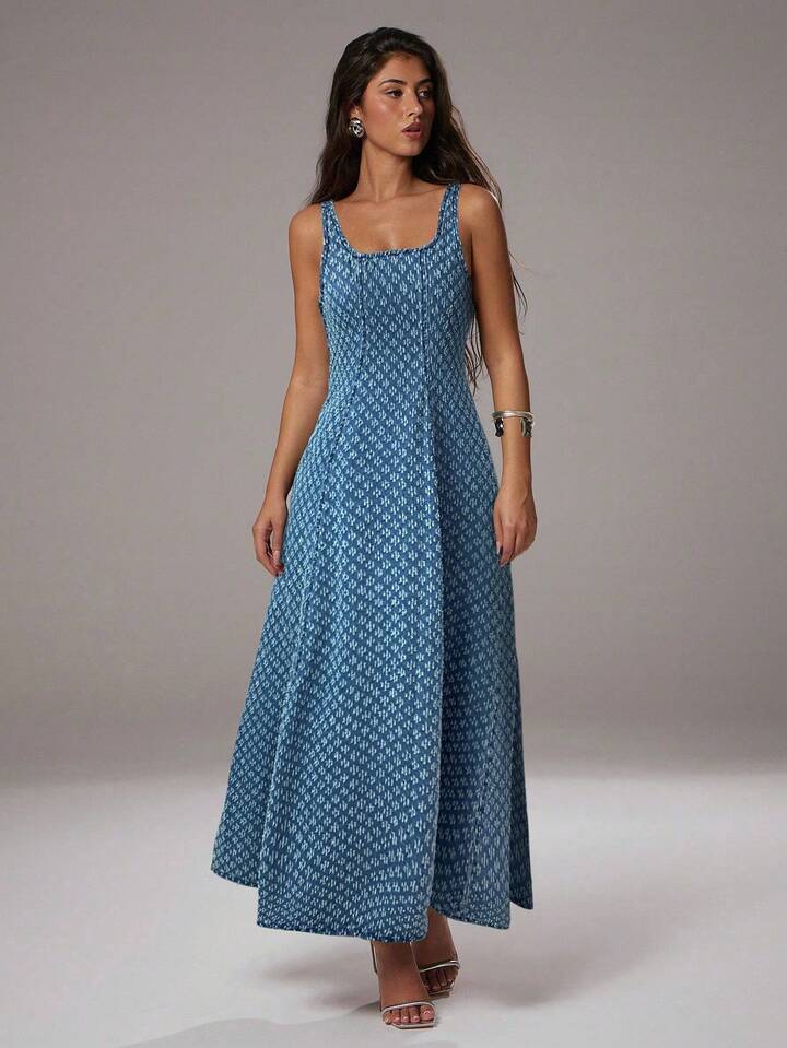 CM-DS070384 Women Elegant Seoul Style Light Wash Square Neck Sleeveless Jacquard Denim Dress
