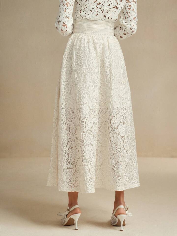 CM-BS269985 Women Elegant Seoul Style High Waist Floral Lace Jacquard Sheer Layered Skirt - Apricot
