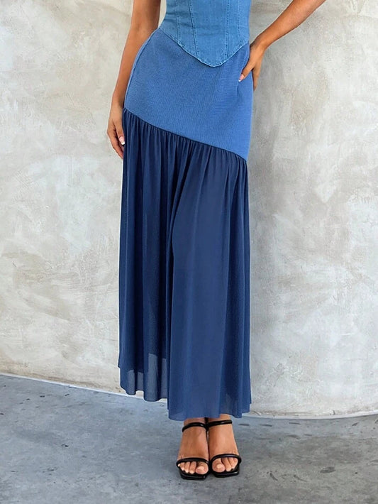 CM-BS333854 Women Casual Seoul Style Mesh Knitted Color Blocking Long Skirt - Blue