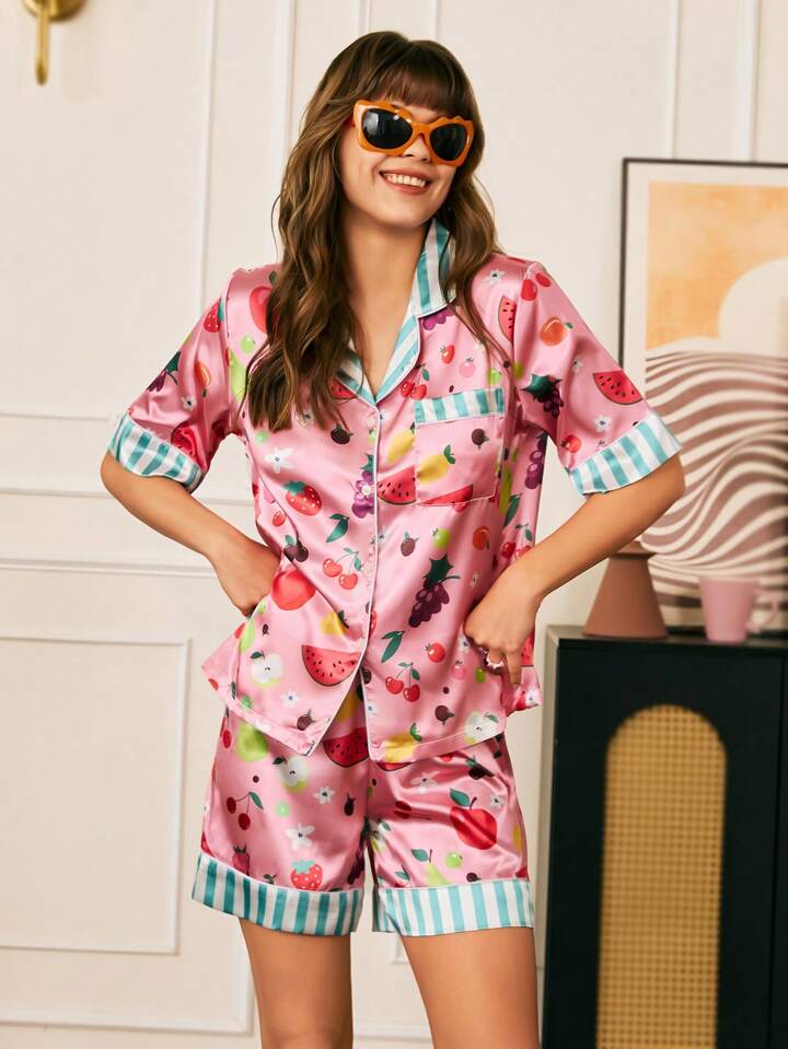 CM-LS588046 Women Trendy Seoul Style Lep Neckline Short Sleeve All-Over Print Pajama Set