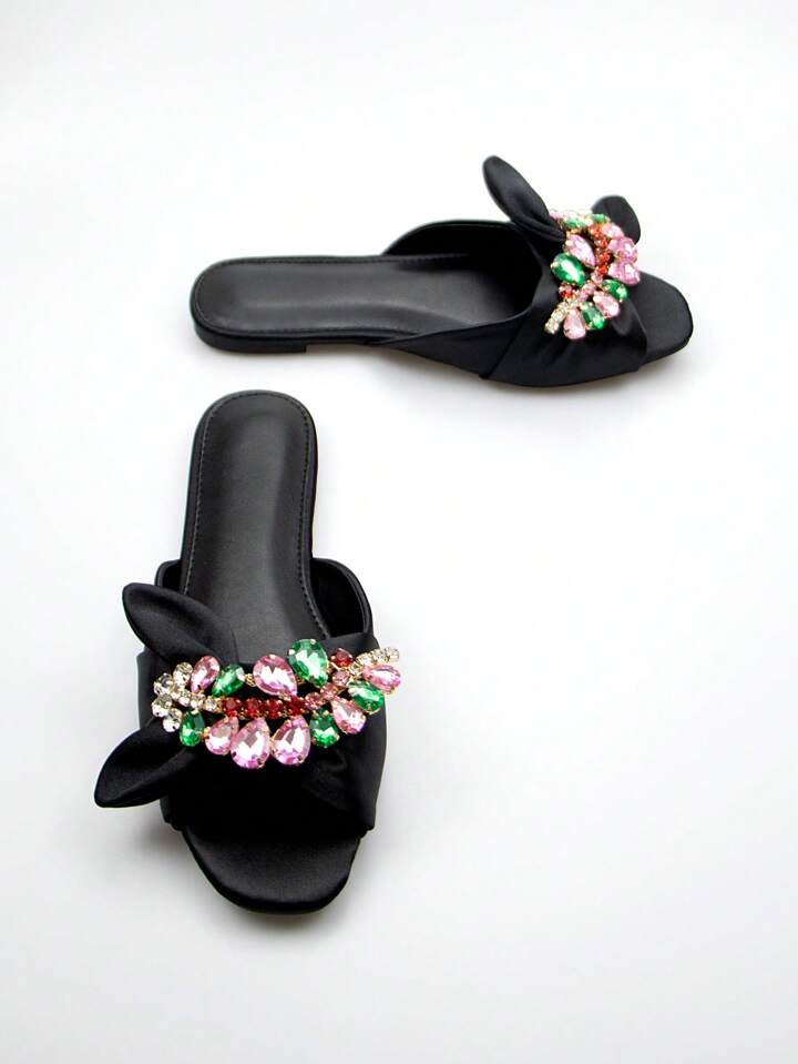 CM-SHS117221 Women Trendy Seoul Style Rhinestone And Bow Decor Slide Sandals - Black