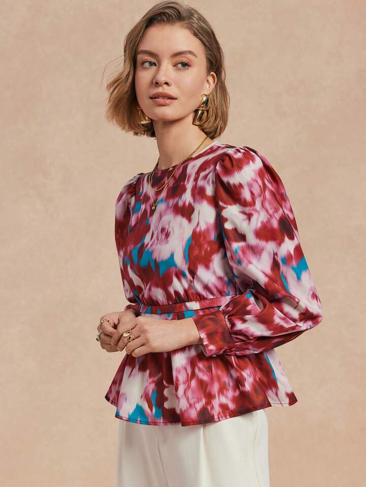 CM-TS023128 Women Casual Seoul Style Round Neck Long Sleeve Printed Peplum Top - Red