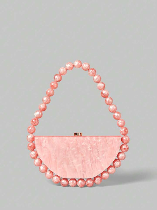 CM-BGS345700 Women Trendy Seoul Style Semi-Circle Beaded Faux Pearl Rhinestone Handbag - Pink