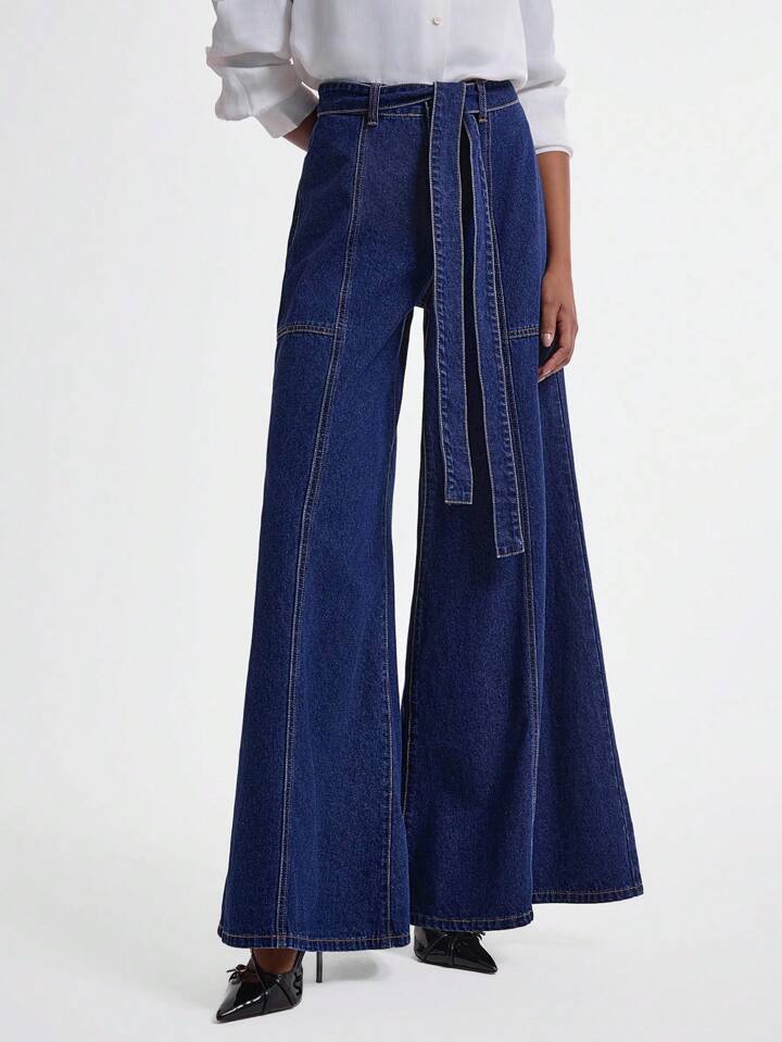 CM-BS001911 Women Casual Seoul Style Dark Wash Knotted Waist Loose Fit Bell Bottom Jeans