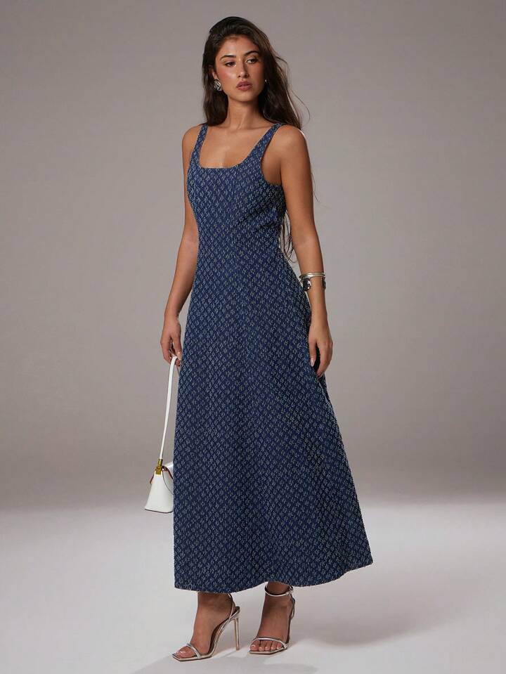 CM-DS096940 Women Elegant Seoul Style Medium Wash Square Neck Sleeveless Jacquard Denim Dress