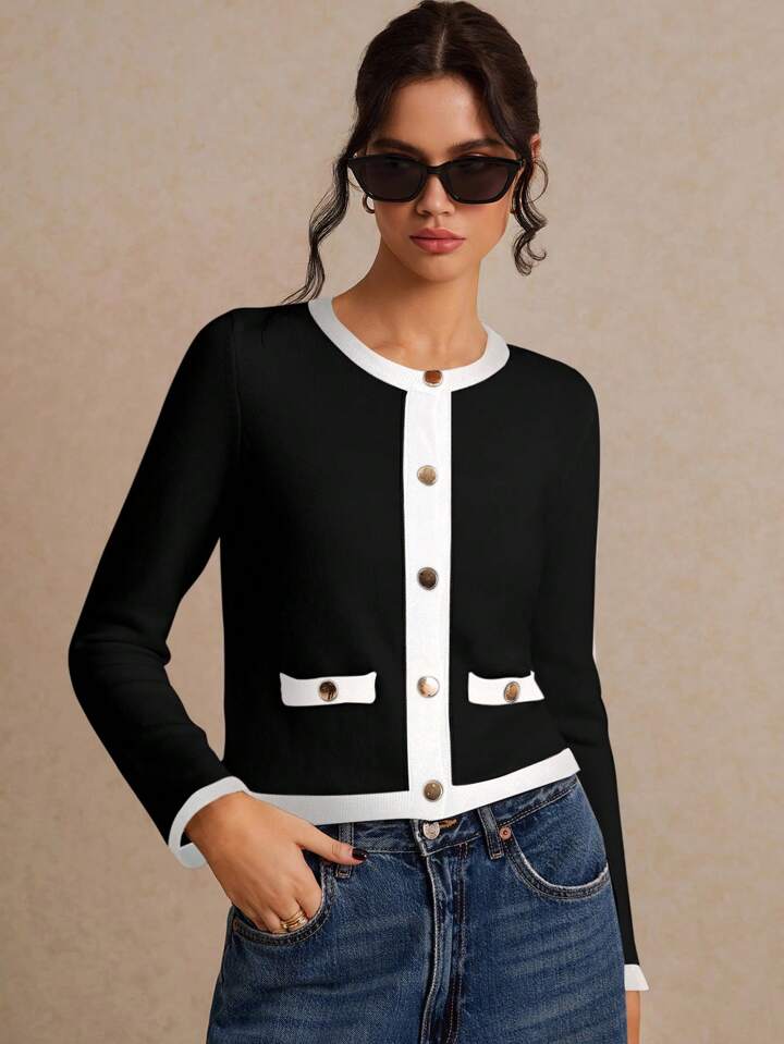 CM-CS834494 Women Casual Seoul Style Color Block Long Sleeve Trim Metal Button Front Knit Cardigan