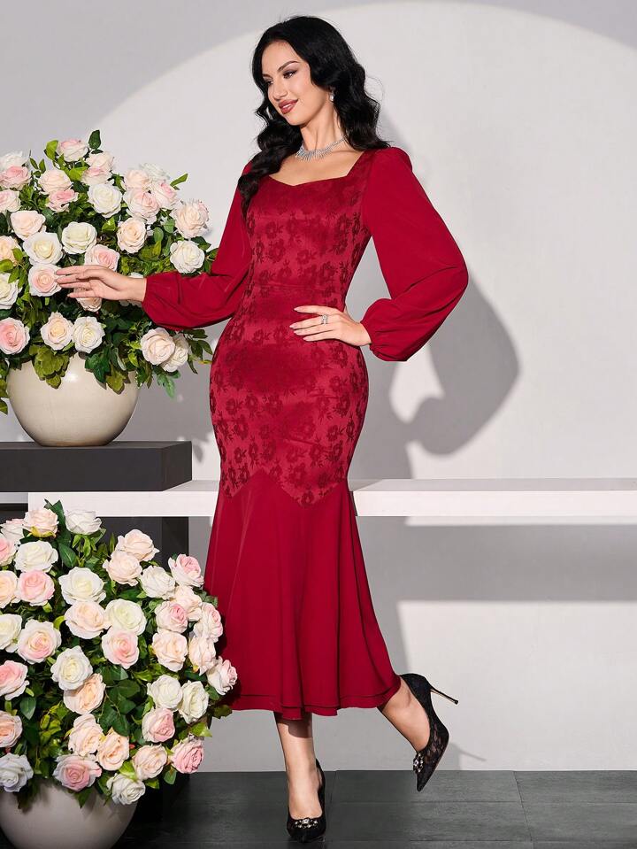 CM-DS997032 Women Elegant Seoul Style Sweetheart Neck Lantern Sleeve Mermaid Hem Lace Dress - Burgundy