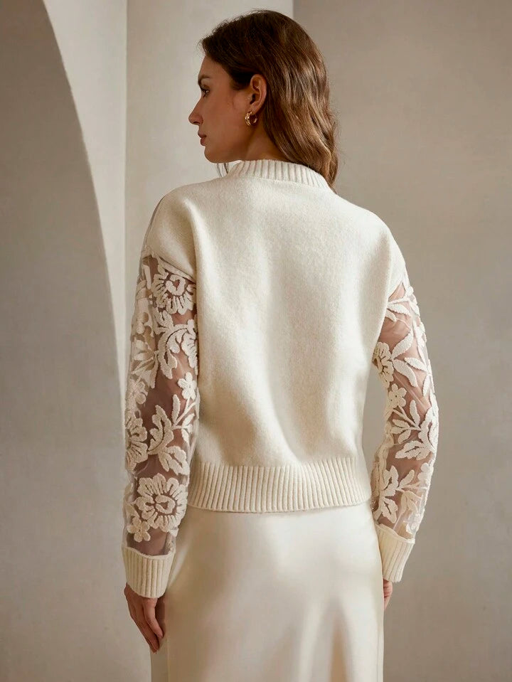 CM-CS716212 Women Casual Seoul Style Floral Pattern Round Neck Long Sleeve Knit Sweater - White