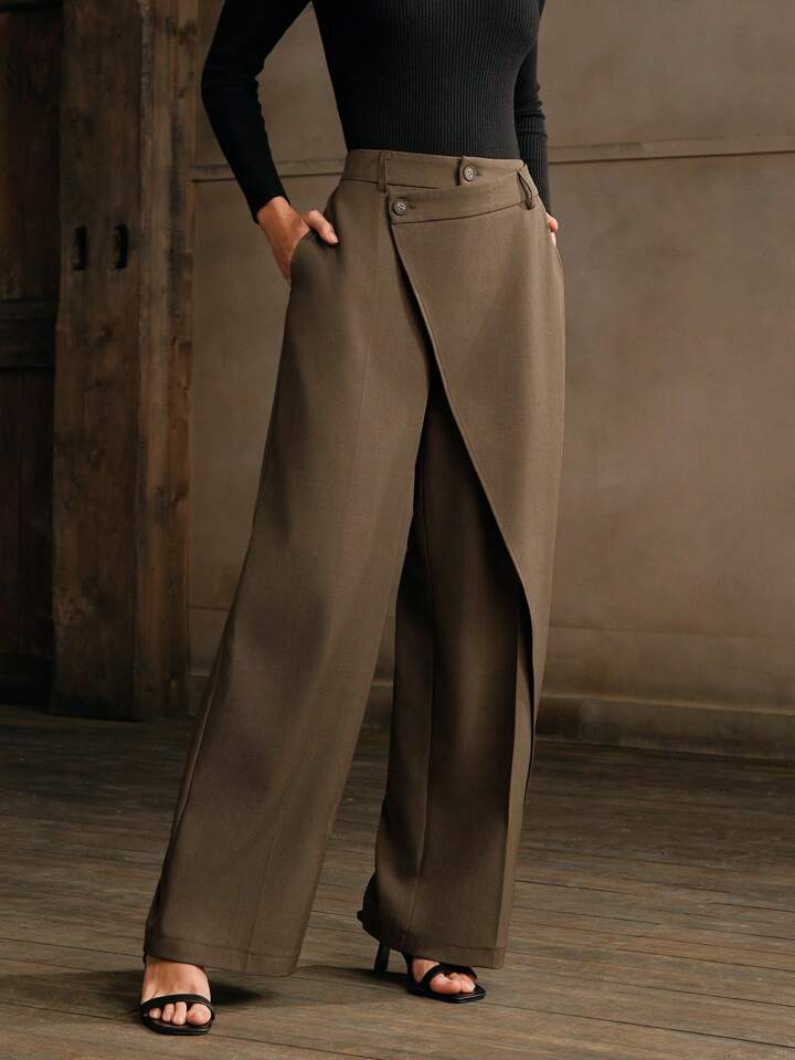 CM-BS466966 Women Elegant Seoul Style Asymmetrical Draping Cross-Wrap Pockets Straight-Leg Pants - Brown