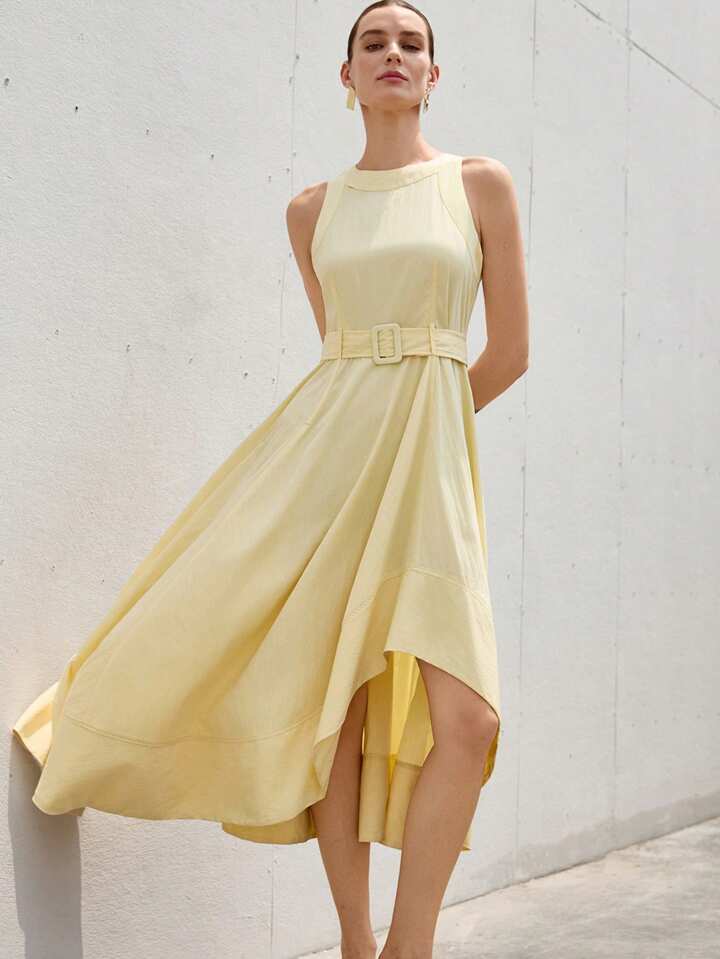 CM-DS531672 Women Elegant Seoul Style Round Neck Cinched Waist Asymmetrical Flare Hem Sleeveless Dress