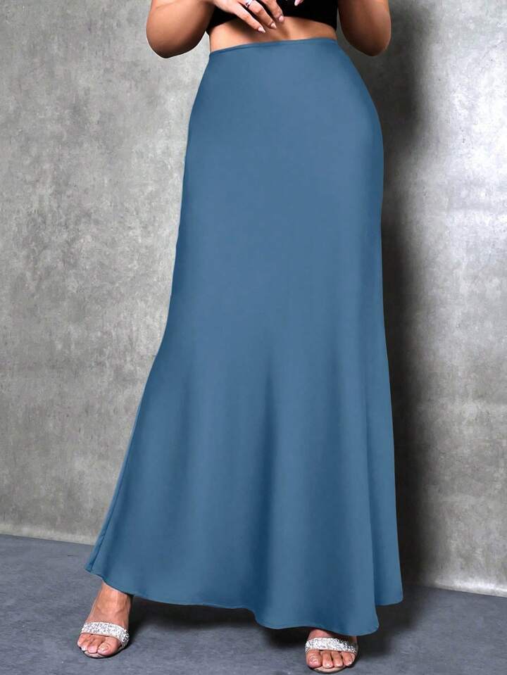 CM-BS844138 Women Casual Seoul Style Solid Asymmetrical Mermaid Hem Skirt - Dusty Blue