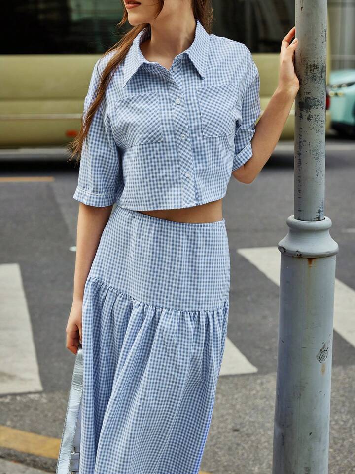 CM-SS327706 Women Casual Seoul Style Striped Print Front Button Short Sleeve Top With Ruffle Hem Skirt - Set