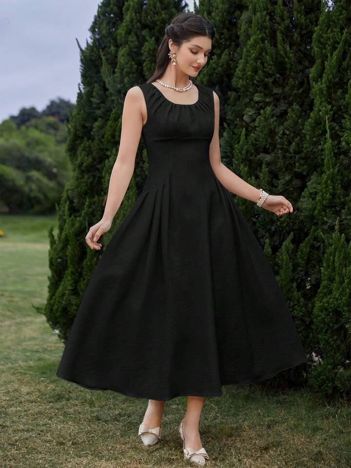 CM-DS541324 Women Elegant Seoul Style Solid Color Sleeveless Pleated A-Line Midi Dress - Black